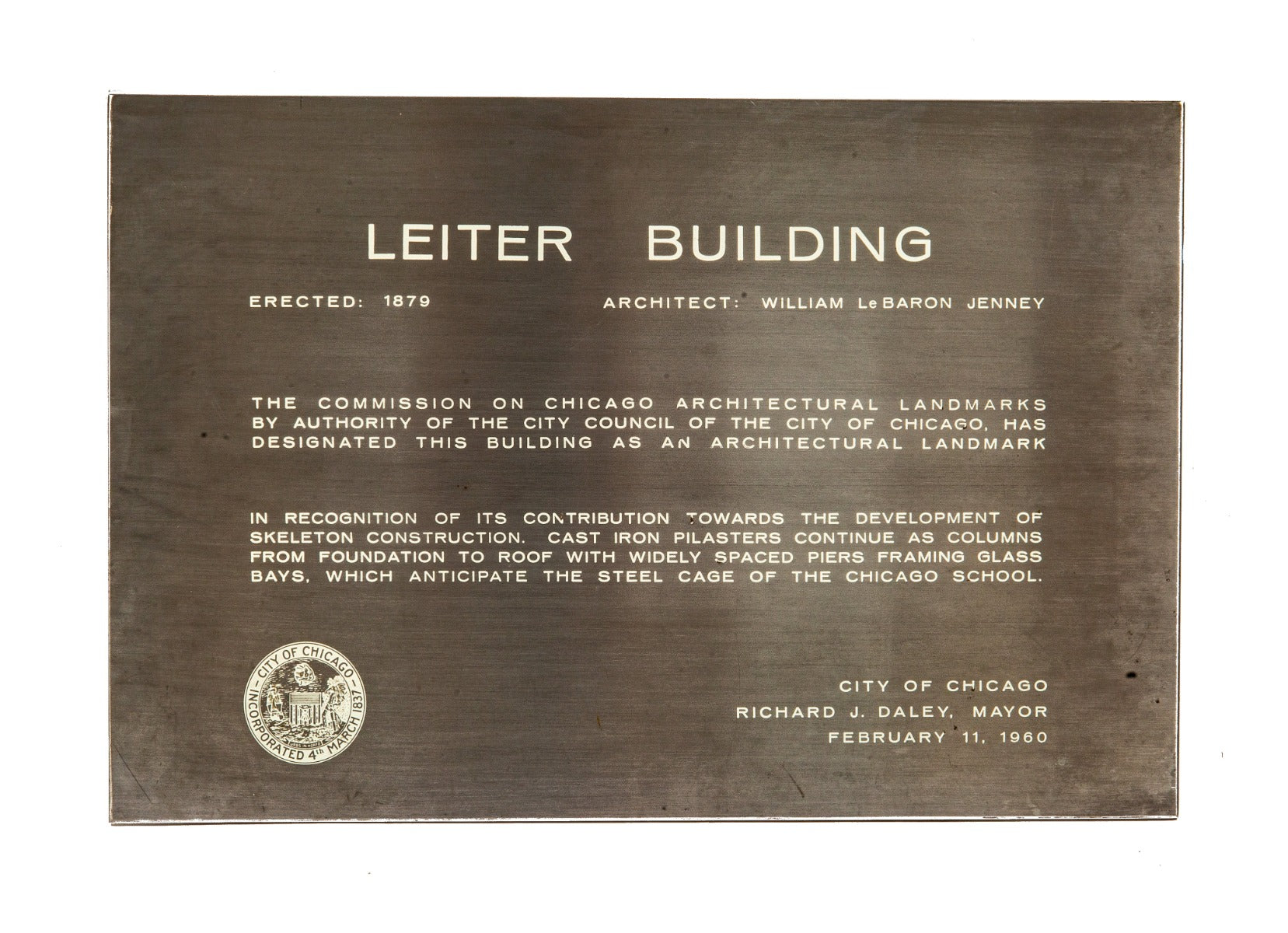 rare 1960 skidmore, owings, and merrill-designed stainless steel chicago architectural landmarks building plaque for william le baron jenney's leiter building