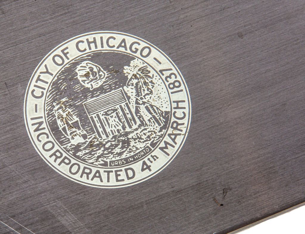 rare 1960 skidmore, owings, and merrill-designed stainless steel chicago architectural landmarks building plaque for william le baron jenney's leiter building
