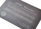 rare 1960 skidmore, owings, and merrill-designed stainless steel chicago architectural landmarks building plaque for william le baron jenney's leiter building
