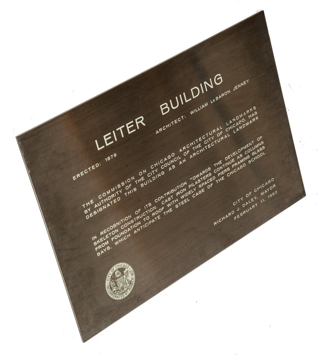 rare 1960 skidmore, owings, and merrill-designed stainless steel chicago architectural landmarks building plaque for william le baron jenney's leiter building