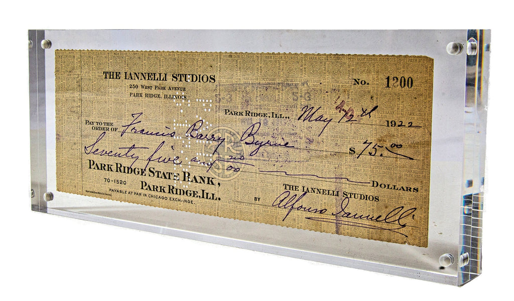original double-sided lucite mounted 1922 alfonso iannelli bank check to architect barry byrne for unidentified services