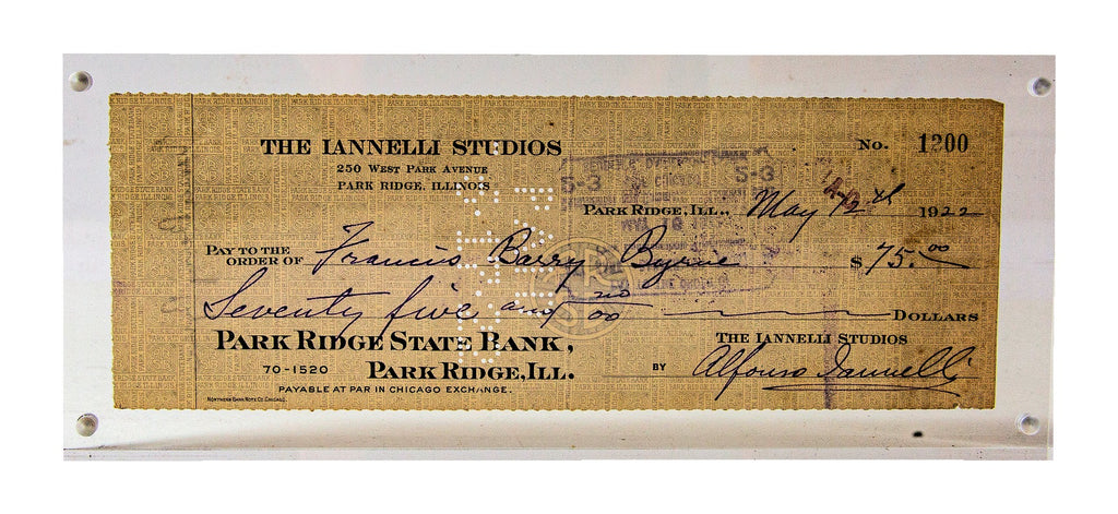 original double-sided lucite mounted 1922 alfonso iannelli bank check to architect barry byrne for unidentified services