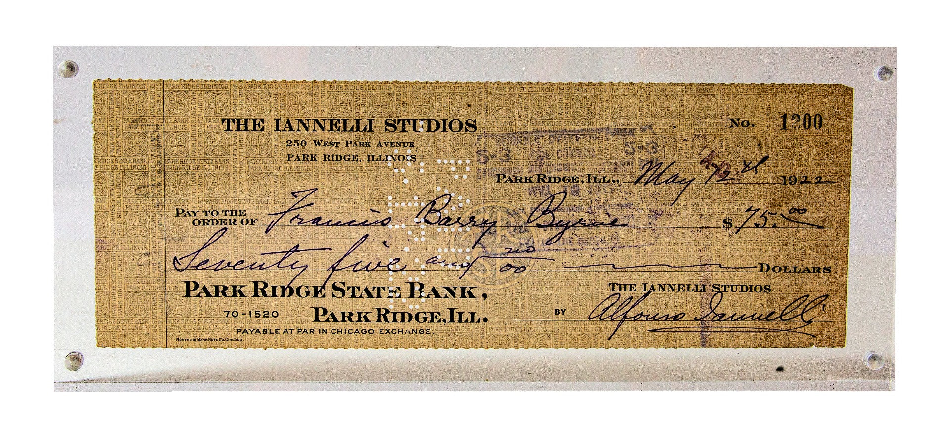 original double-sided lucite mounted 1922 alfonso iannelli bank check to architect barry byrne for unidentified services