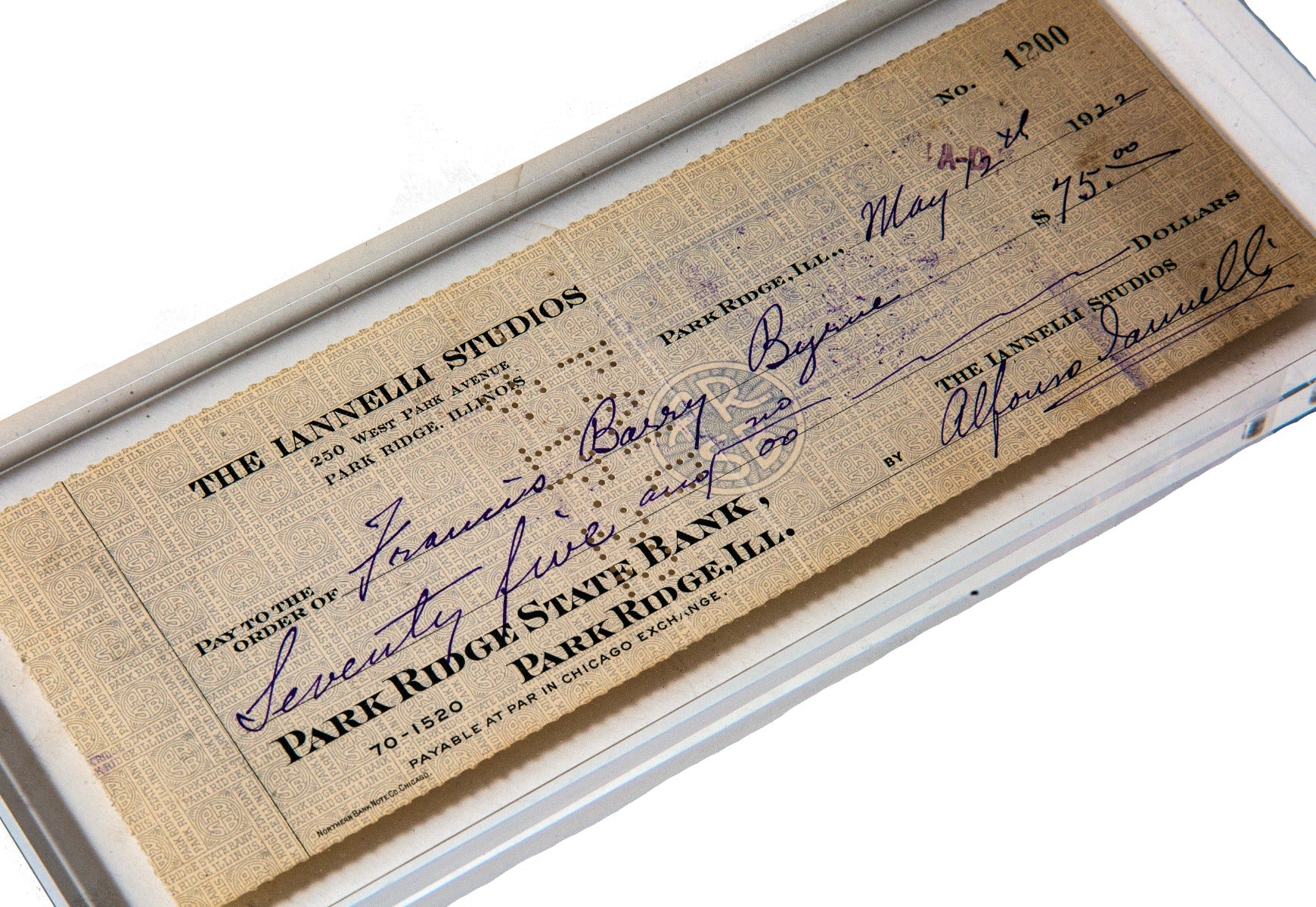 original double-sided lucite mounted 1922 alfonso iannelli bank check to architect barry byrne for unidentified services