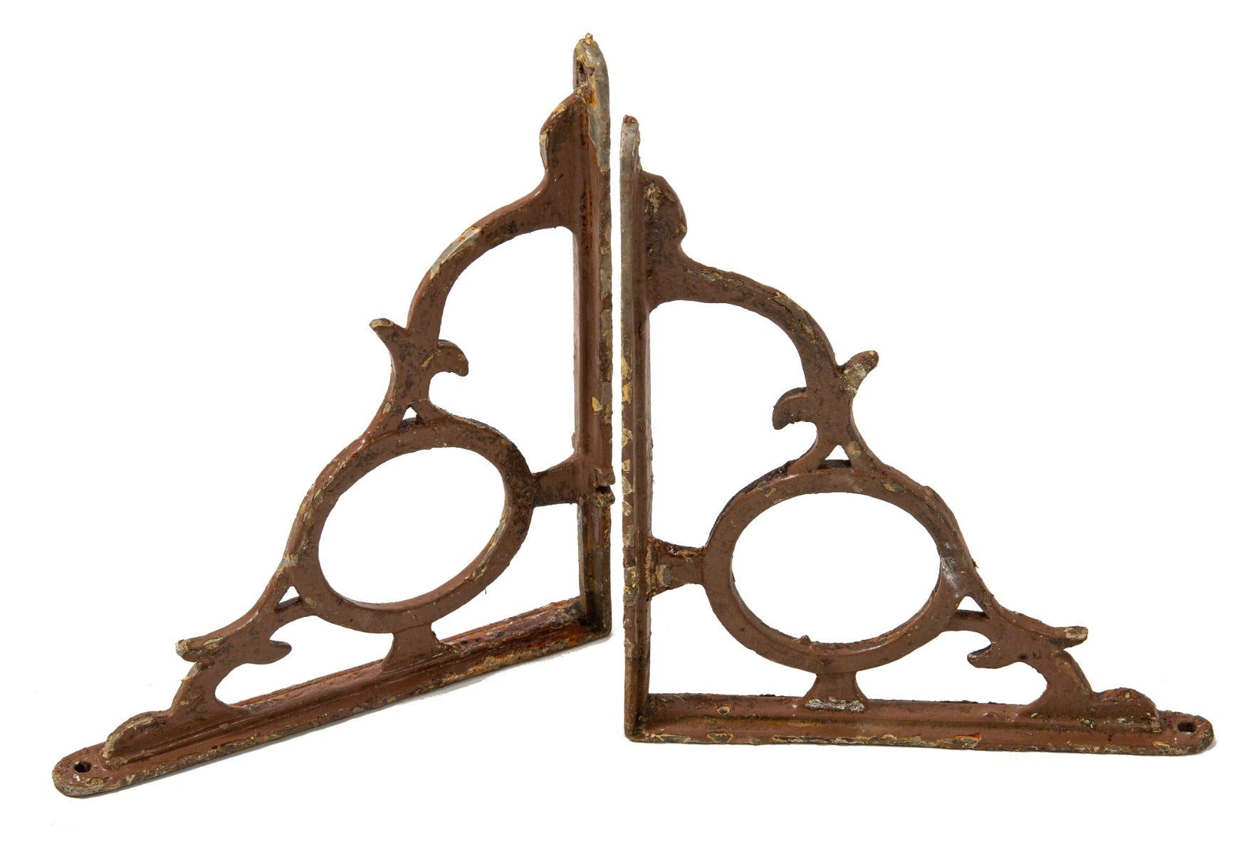 two matching oversized 1880s salvaged chicago ornamental cast iron shelf brackets with old paint finish