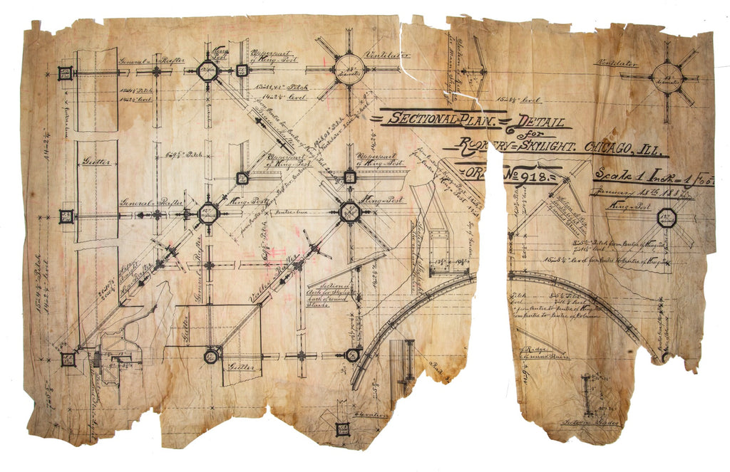 original ink on linen museum-quality burnham and root rookery building sectional plan detail for interior skylight