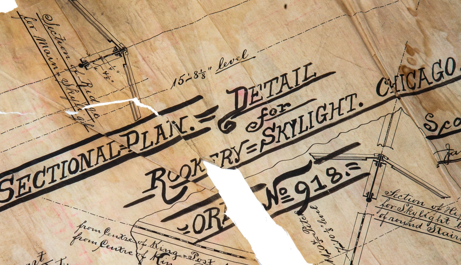 original ink on linen museum-quality burnham and root rookery building sectional plan detail for interior skylight