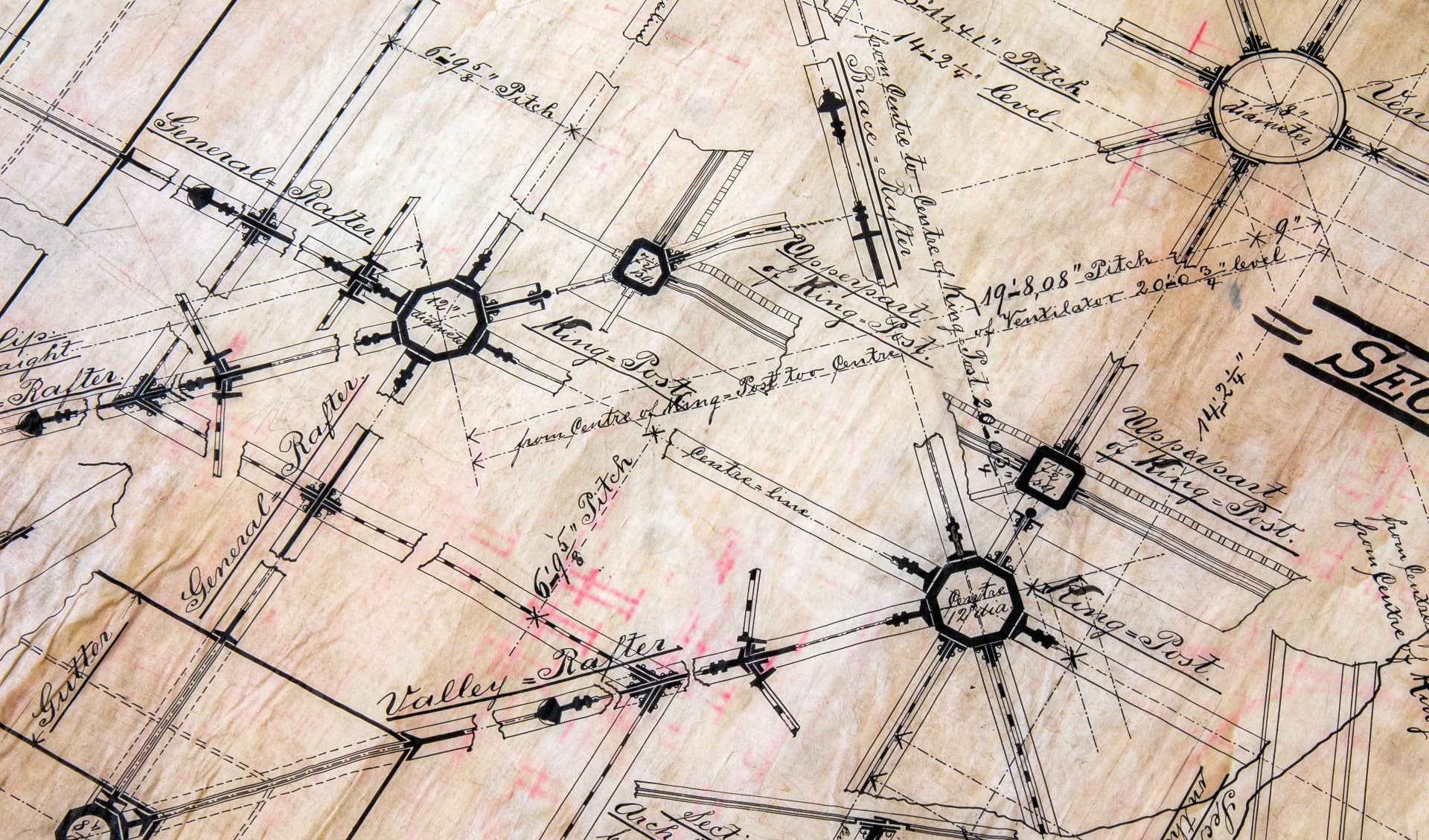 original ink on linen museum-quality burnham and root rookery building sectional plan detail for interior skylight