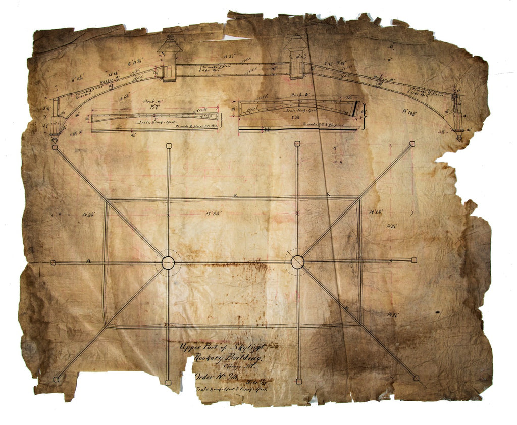 museum-quality rookery building (1888) hand-drawn skylight specifications on linen from office of burnham and root