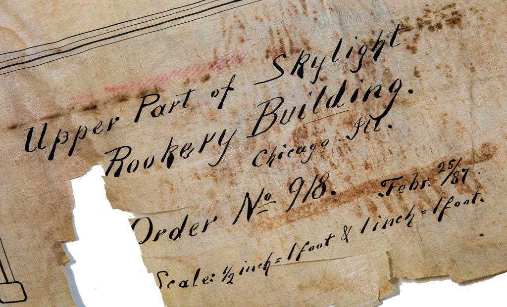 museum-quality rookery building (1888) hand-drawn skylight specifications on linen from office of burnham and root