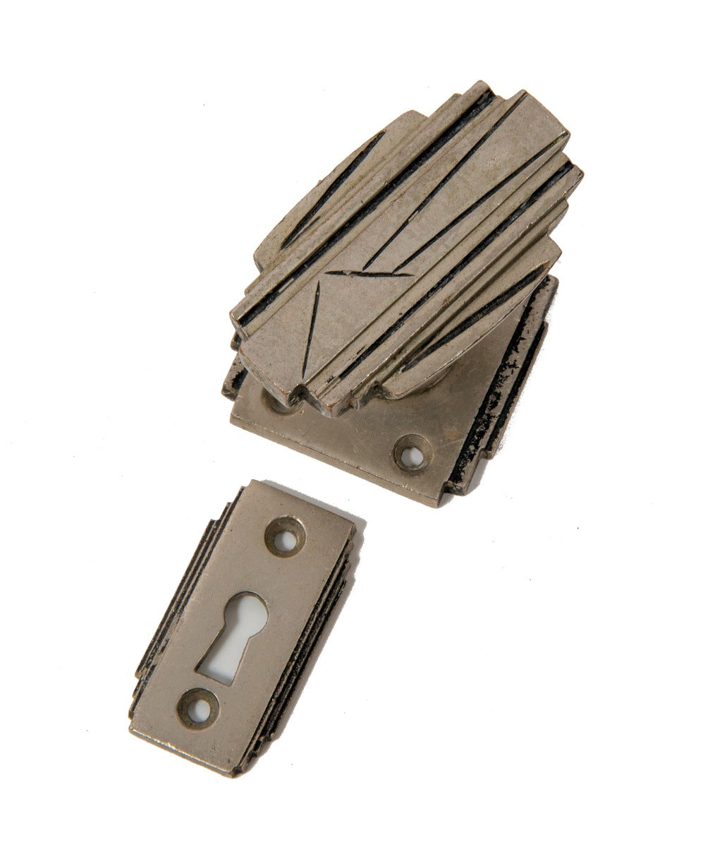 exceptional 1920s-1930s american art deco chrome-plated cast bronze commerical building doorknob and backplate