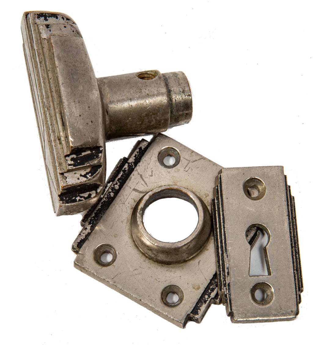 exceptional 1920s-1930s american art deco chrome-plated cast bronze commerical building doorknob and backplate