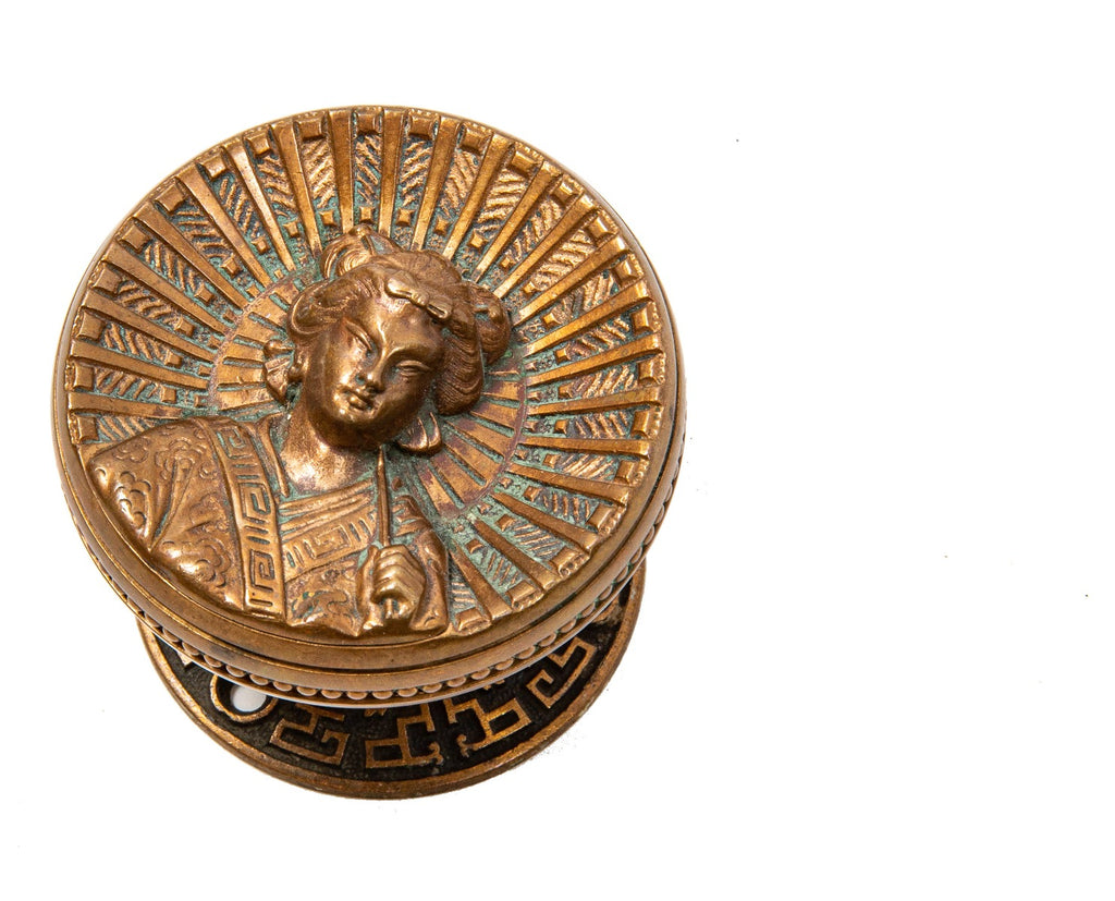 rare original 1870s-1880s ornamental cast bronze anglo-japanese style "geisha girl" entrance size doorknob and matching rosette