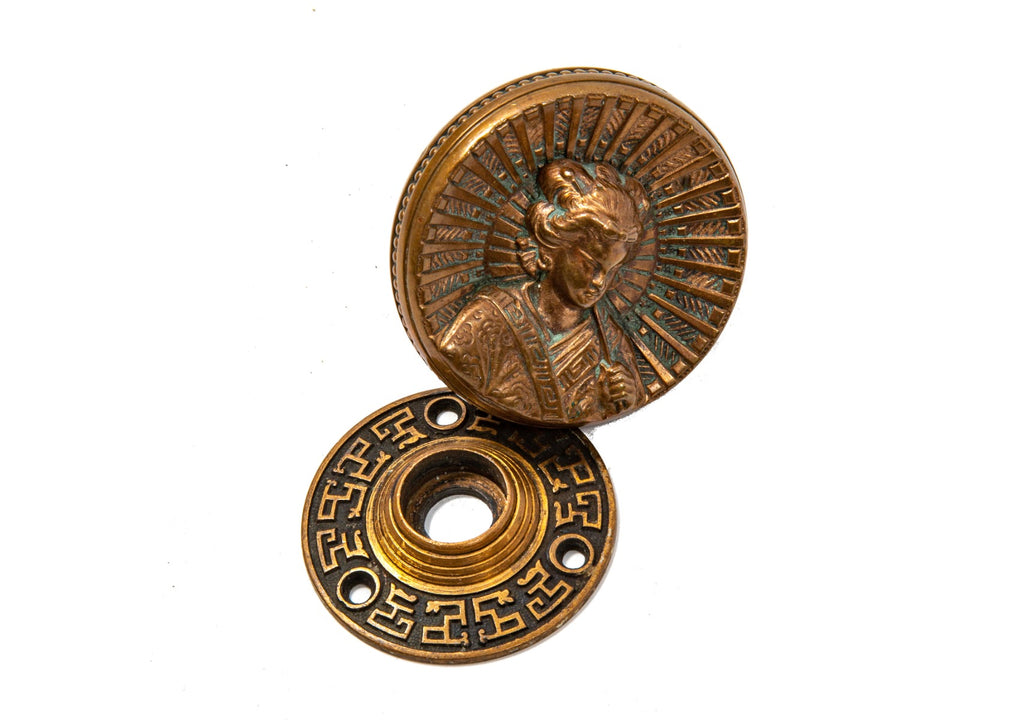 rare original 1870s-1880s ornamental cast bronze anglo-japanese style "geisha girl" entrance size doorknob and matching rosette