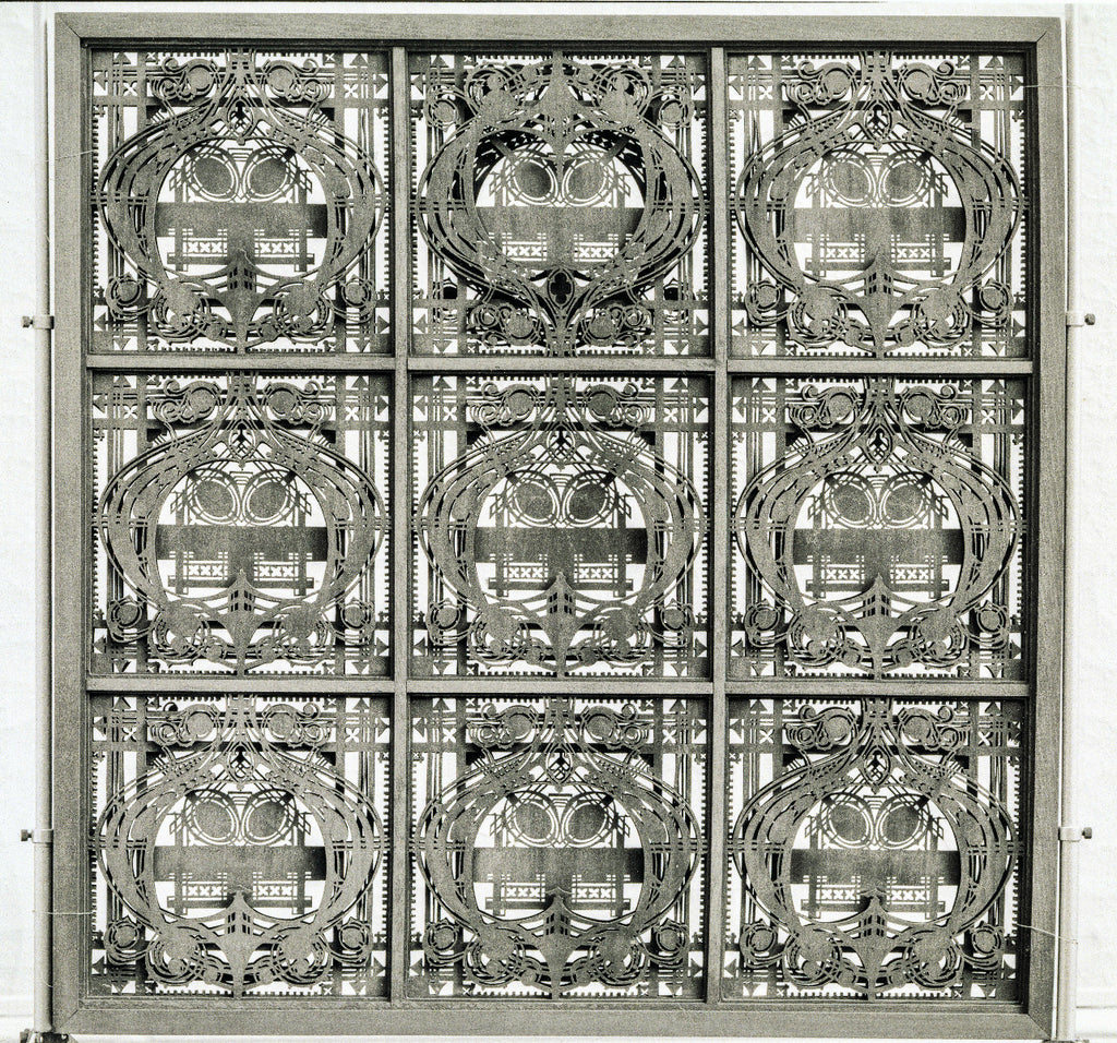 museum quality original george grant elmslie-designed five-ply mahogany wood screen module salvaged from louis h. sullivan's schlesinger & mayer department store