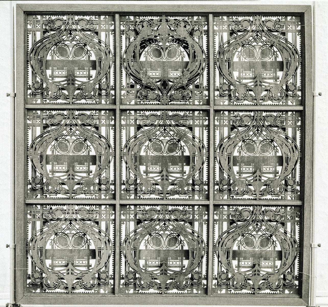 museum quality original george grant elmslie-designed five-ply mahogany wood screen module salvaged from louis h. sullivan's schlesinger & mayer department store