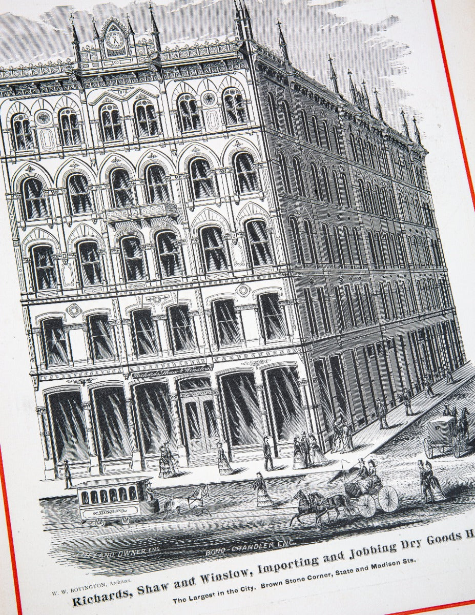 exceptionally rare 1873 merchants and manufacturers of chicago : being a complete history of our mercantile and manufacturing interests, and their progress since the fire : illustrated with upwards of one hundred fine wood engravings, printed with chas. e