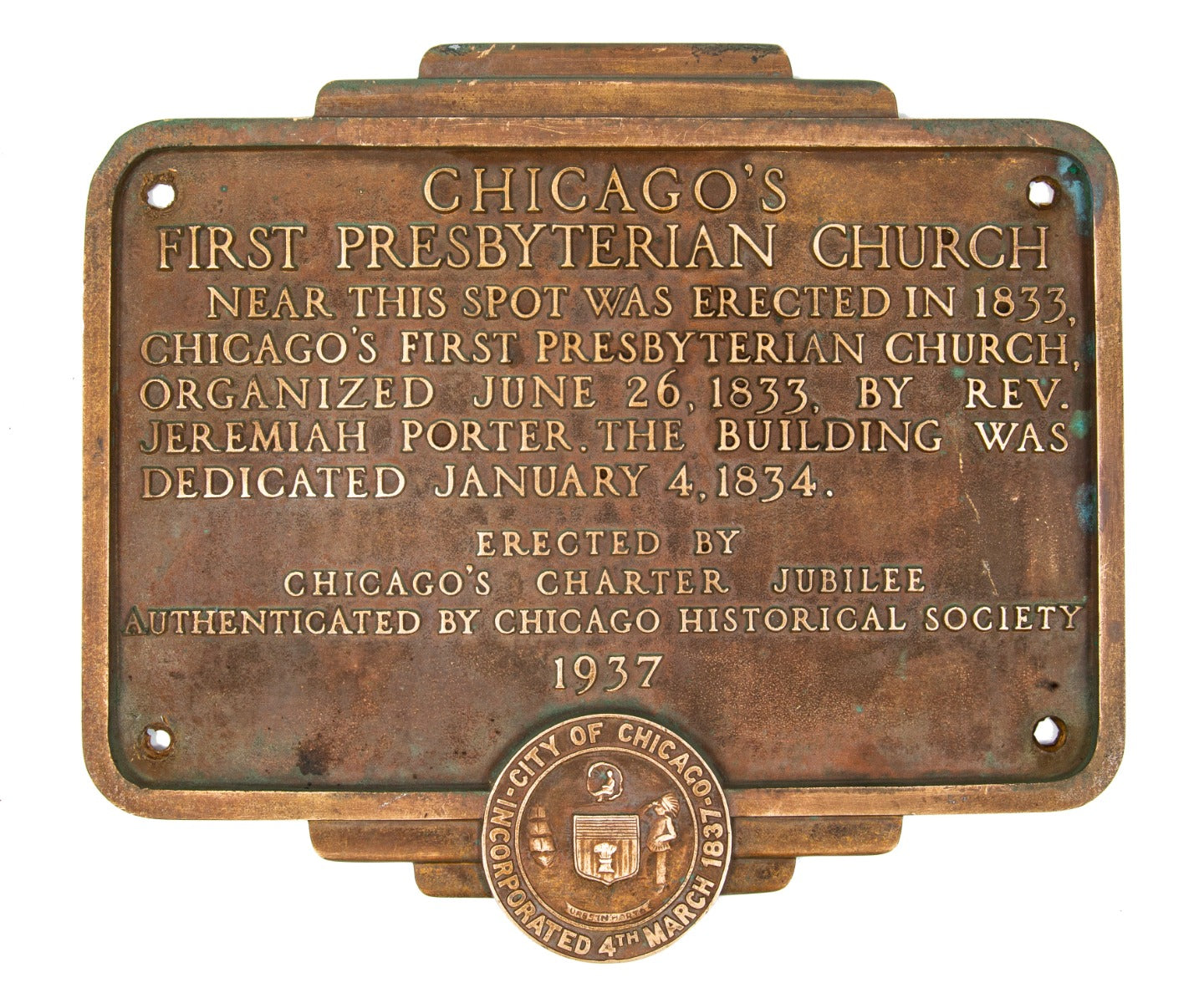 excetionally rare and historially important cast bronze 1937 first presbyterian church centennial plaque or charter jubilee marker