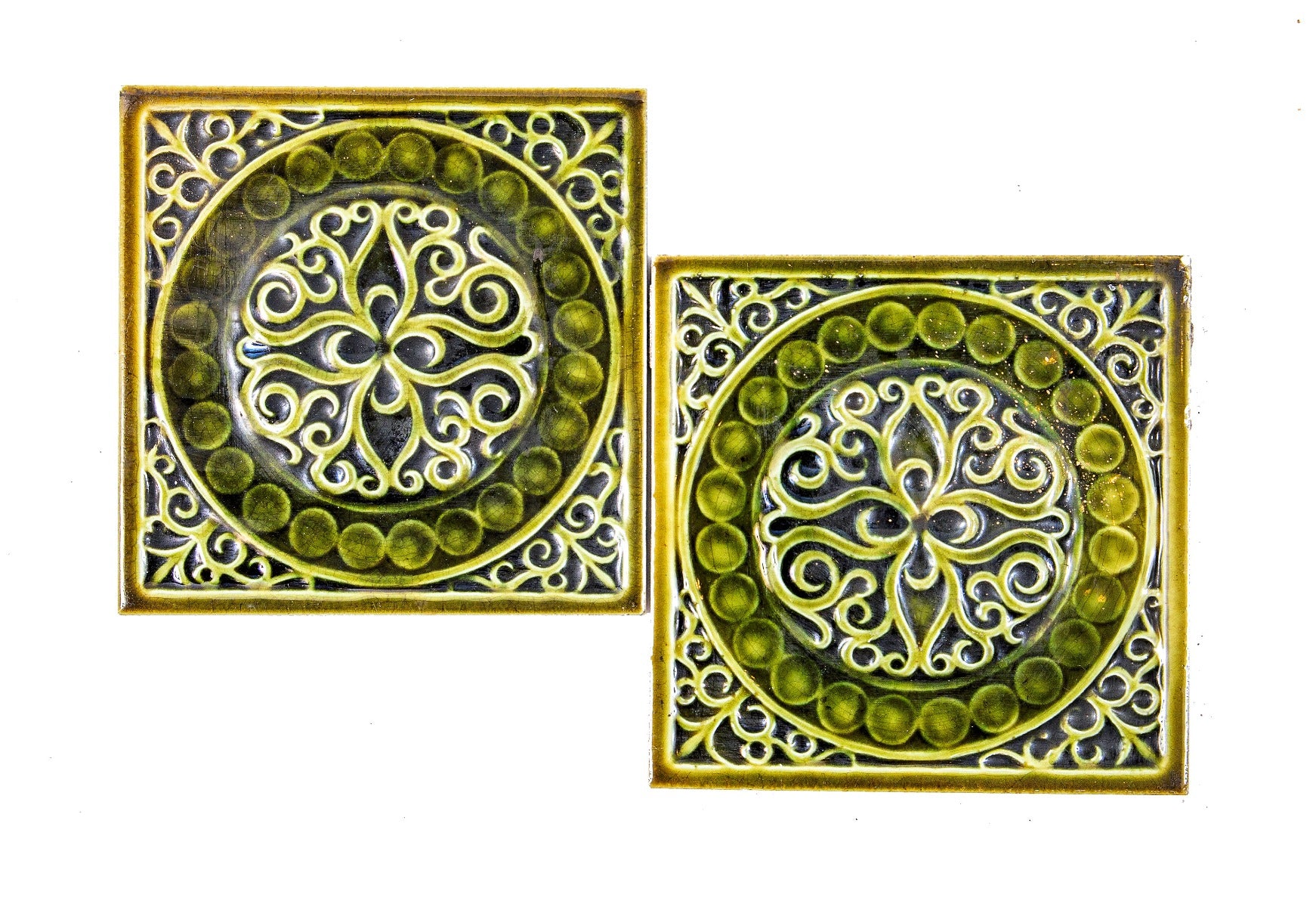two matching american architectural 1880s j.g. low 6 x 6 inch art tiles with richly colored green glaze