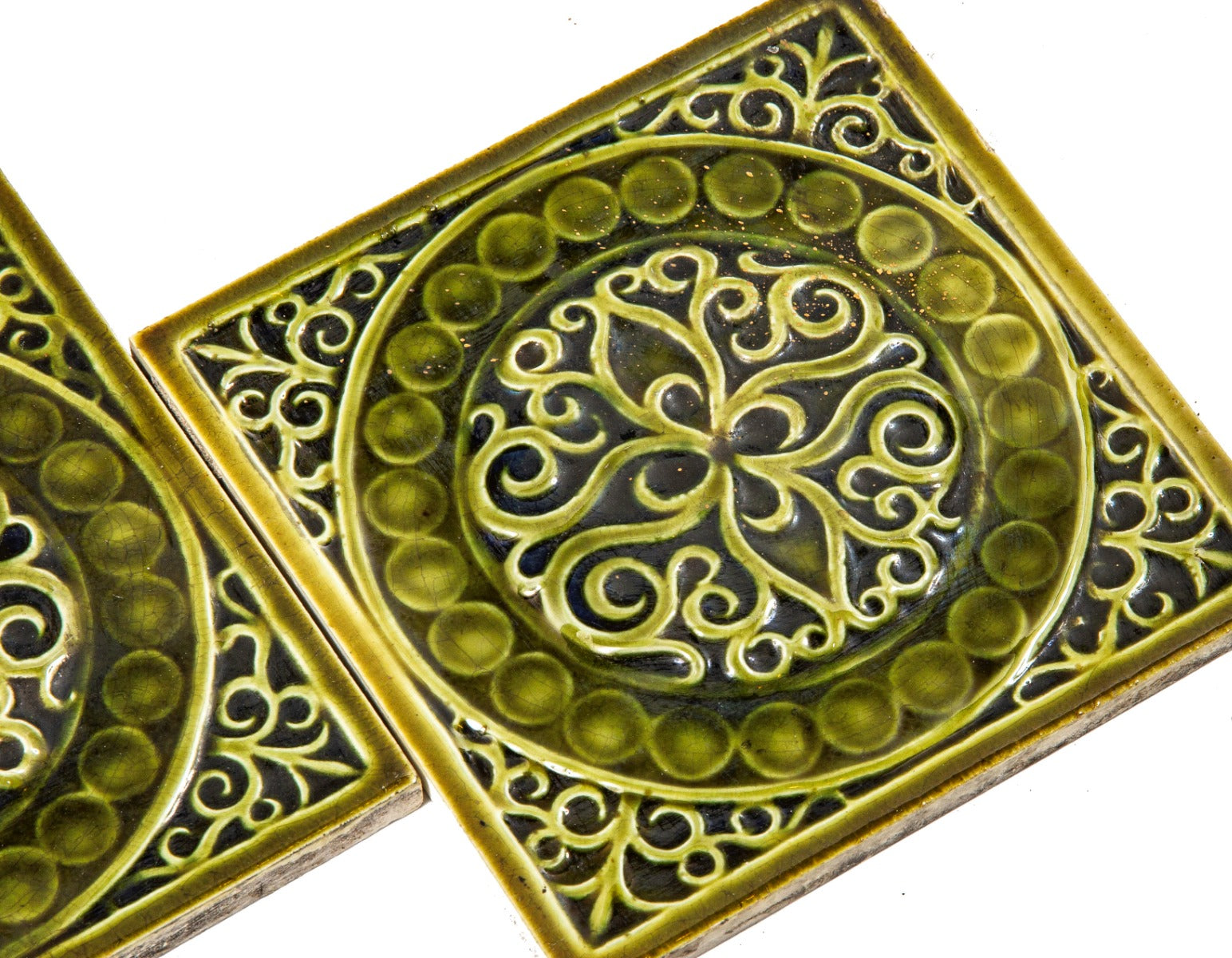 two matching american architectural 1880s j.g. low 6 x 6 inch art tiles with richly colored green glaze