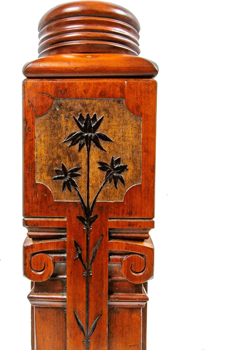 refinished historically important custom john wellborn root-designed carved cherry wood interior residential staircase newel post salvaged from burnham and root's 1879 amos s. hayden house