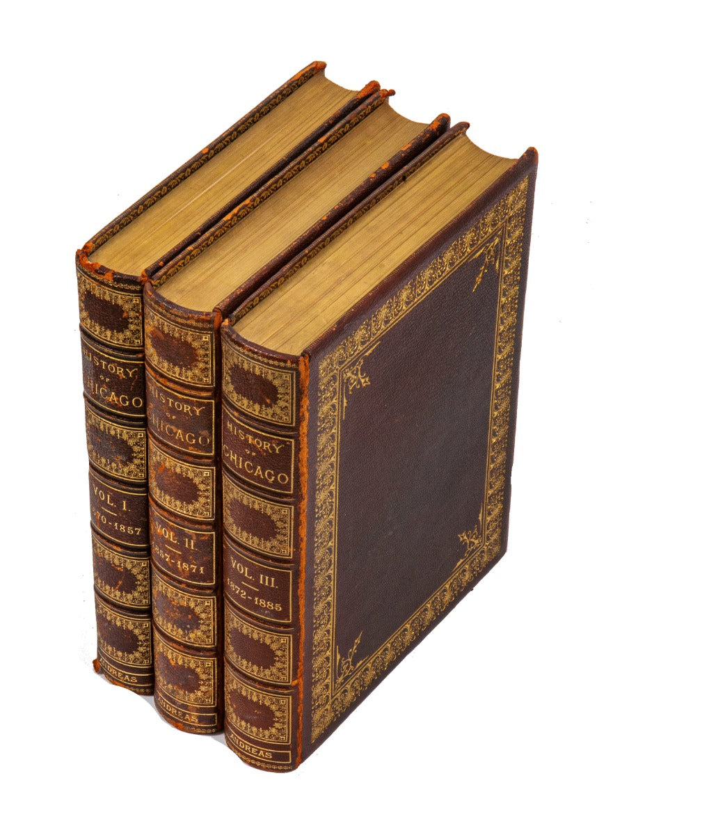 rare first edition 1884 andreas, a.t. history of chicago. three volumes. folios. full red morocco leather bound with gilt spines, covers, and marbled endpapers.