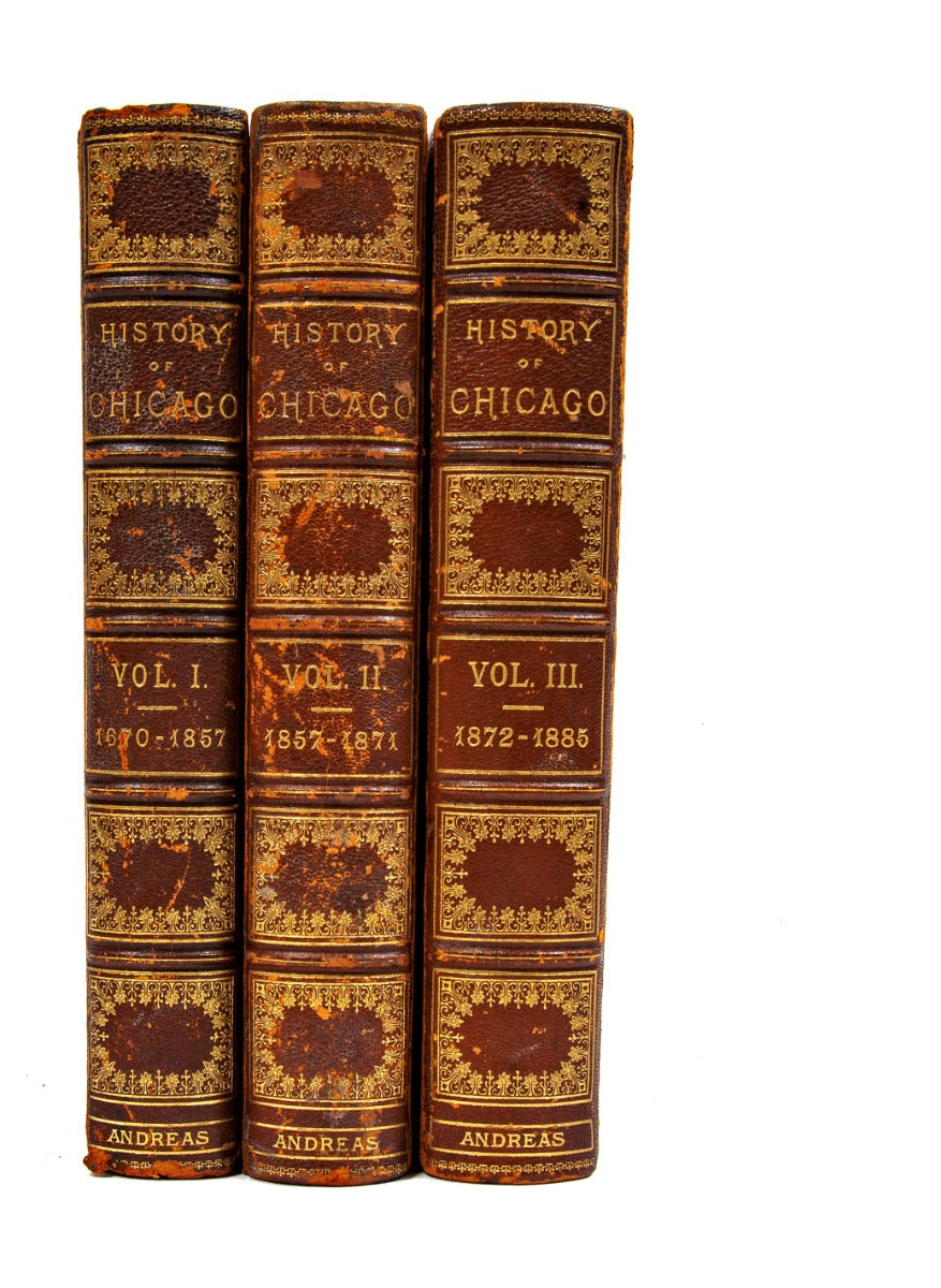 rare first edition 1884 andreas, a.t. history of chicago. three volumes. folios. full red morocco leather bound with gilt spines, covers, and marbled endpapers.
