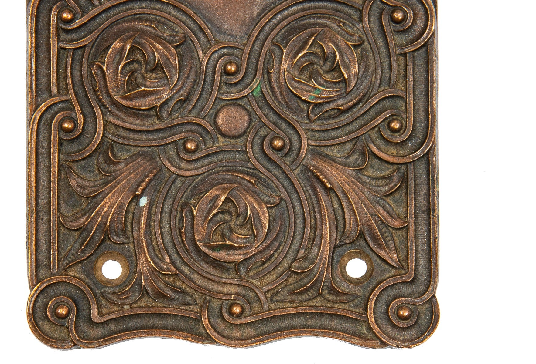 19th century custom-designed richardsonian romanesque cast bronze minneapolis city hall monogrammed doorknob and backplate