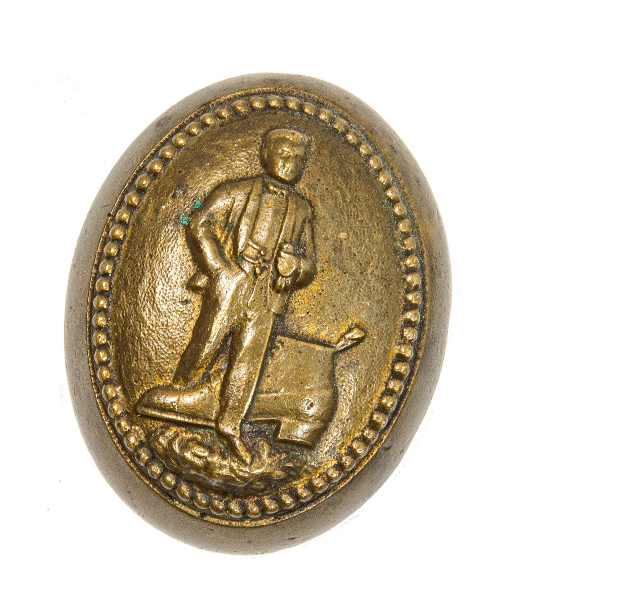 rare 1915 custom-designed walk-over george e. keith company bronze doorknob with full-figured man and boot