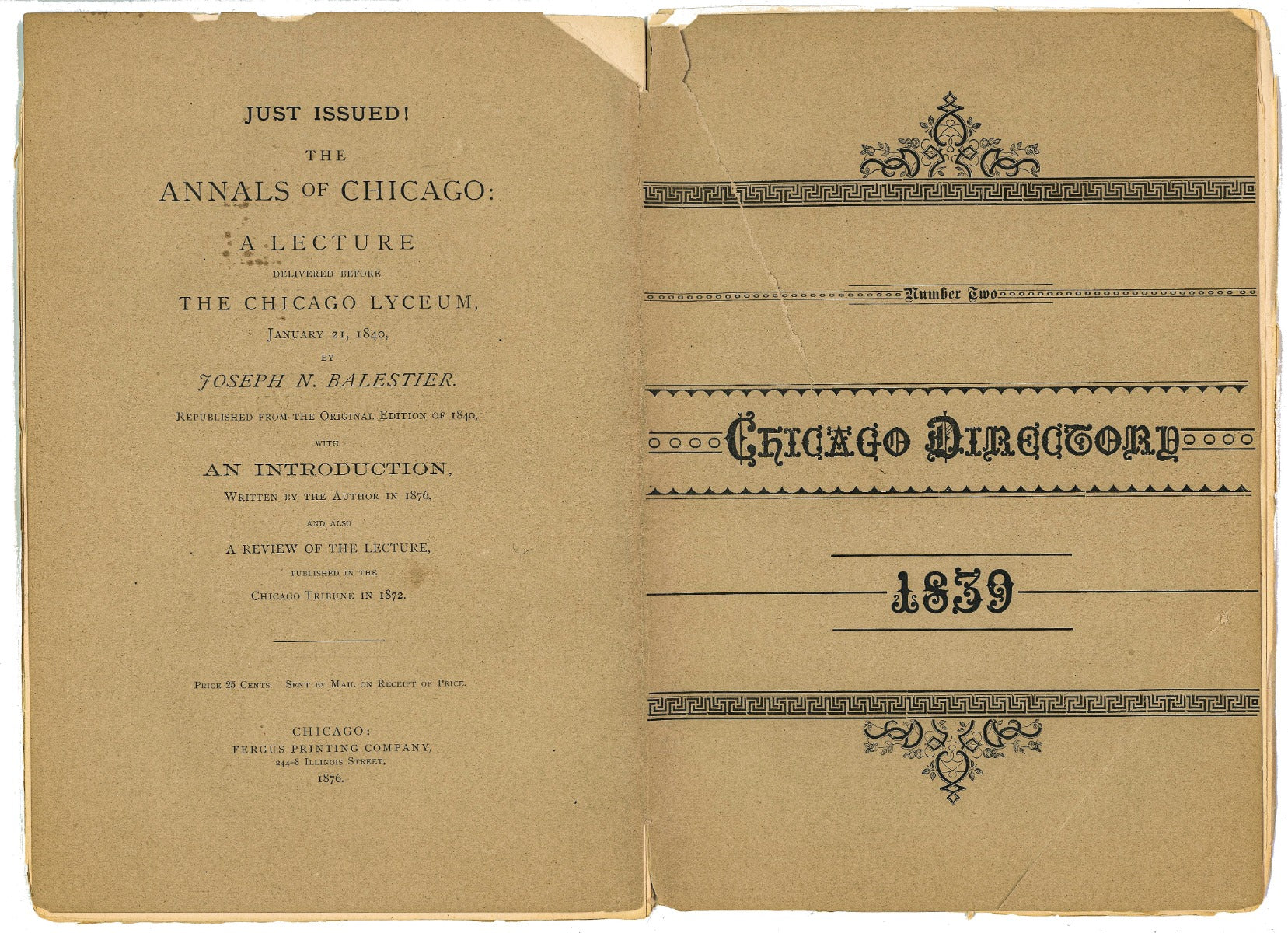 hard to find original fergus printing company "historical sketches" 1876 reprint of chicago's  1839 chicago directory number two
