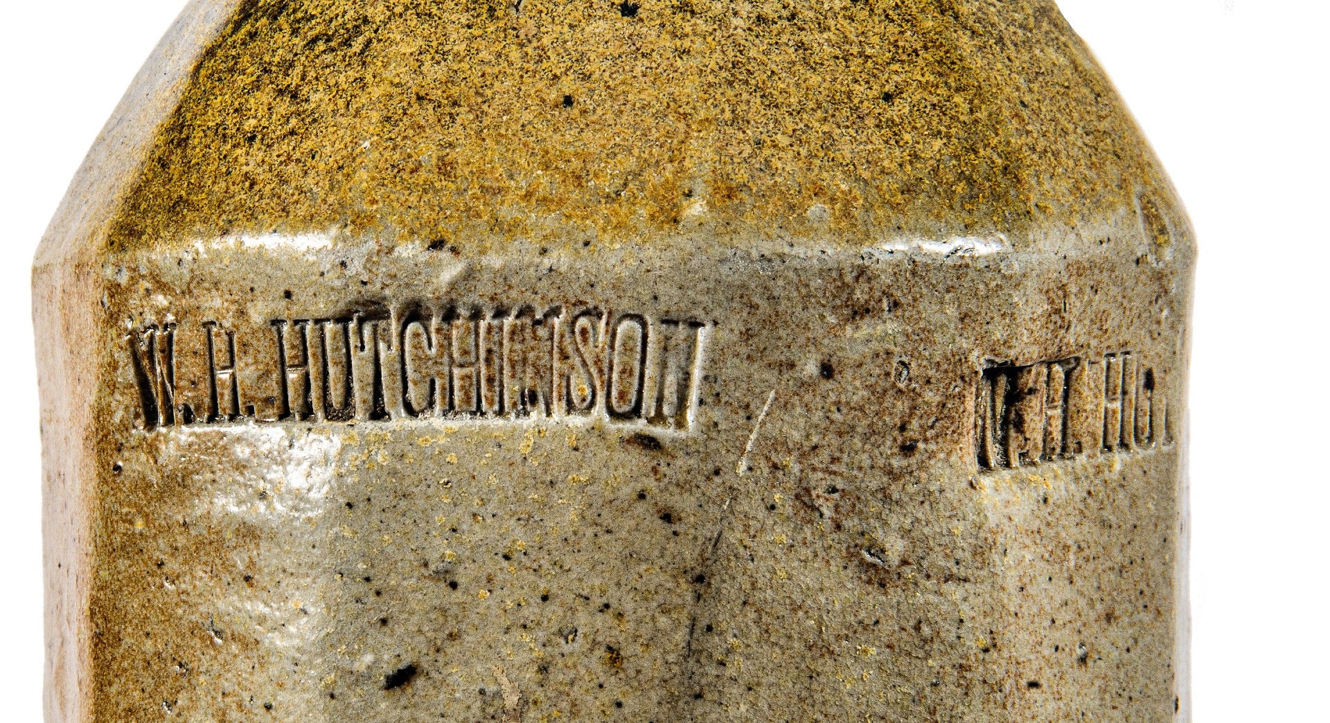 rare and historically important 1850s two-tone salt-glazed faceted william h. hutchinson pottery bottle dug from downtown chicago privy pit