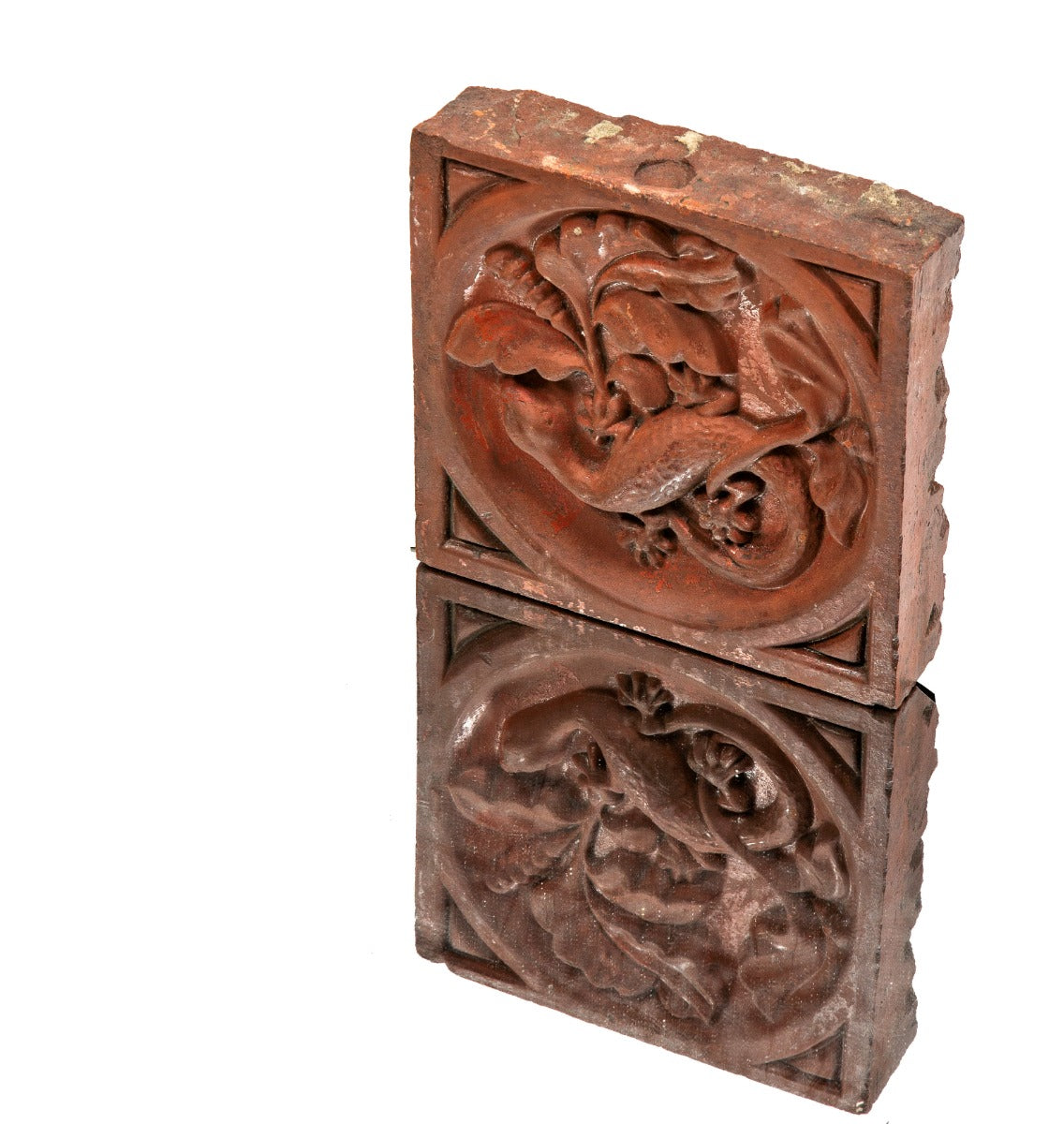 original single-sided flush mount antique american victorian era red slip glaze figural exterior facade panel with a salamander and intricate leafage