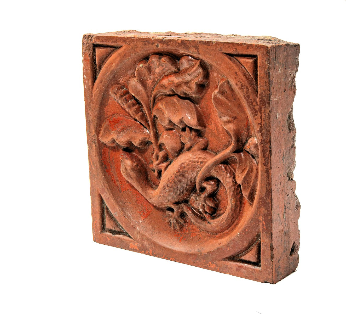 original single-sided flush mount antique american victorian era red slip glaze figural exterior facade panel with a salamander and intricate leafage