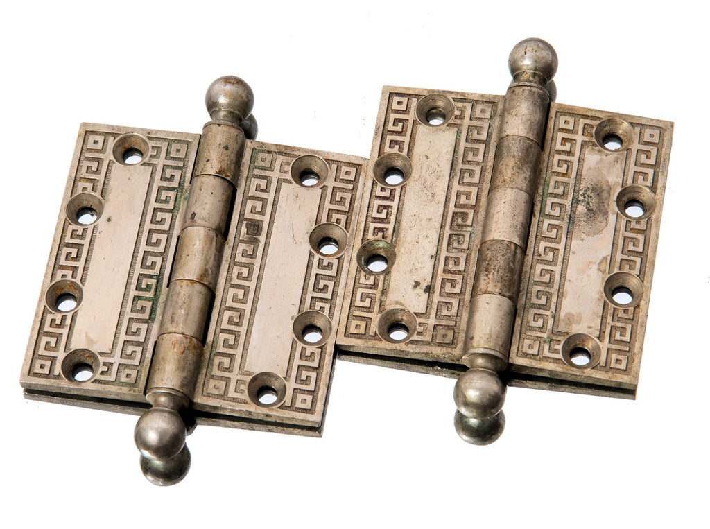matching pair of martin roche-designed 1895 marquette building cast bronze door hinges with patented silver plate finish