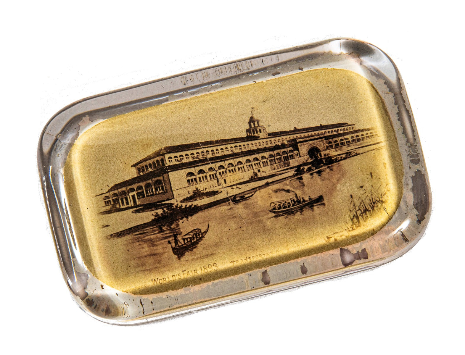 original 1893 libby glass company paperweight of adler and sullivan's chicago world's fair transportation building