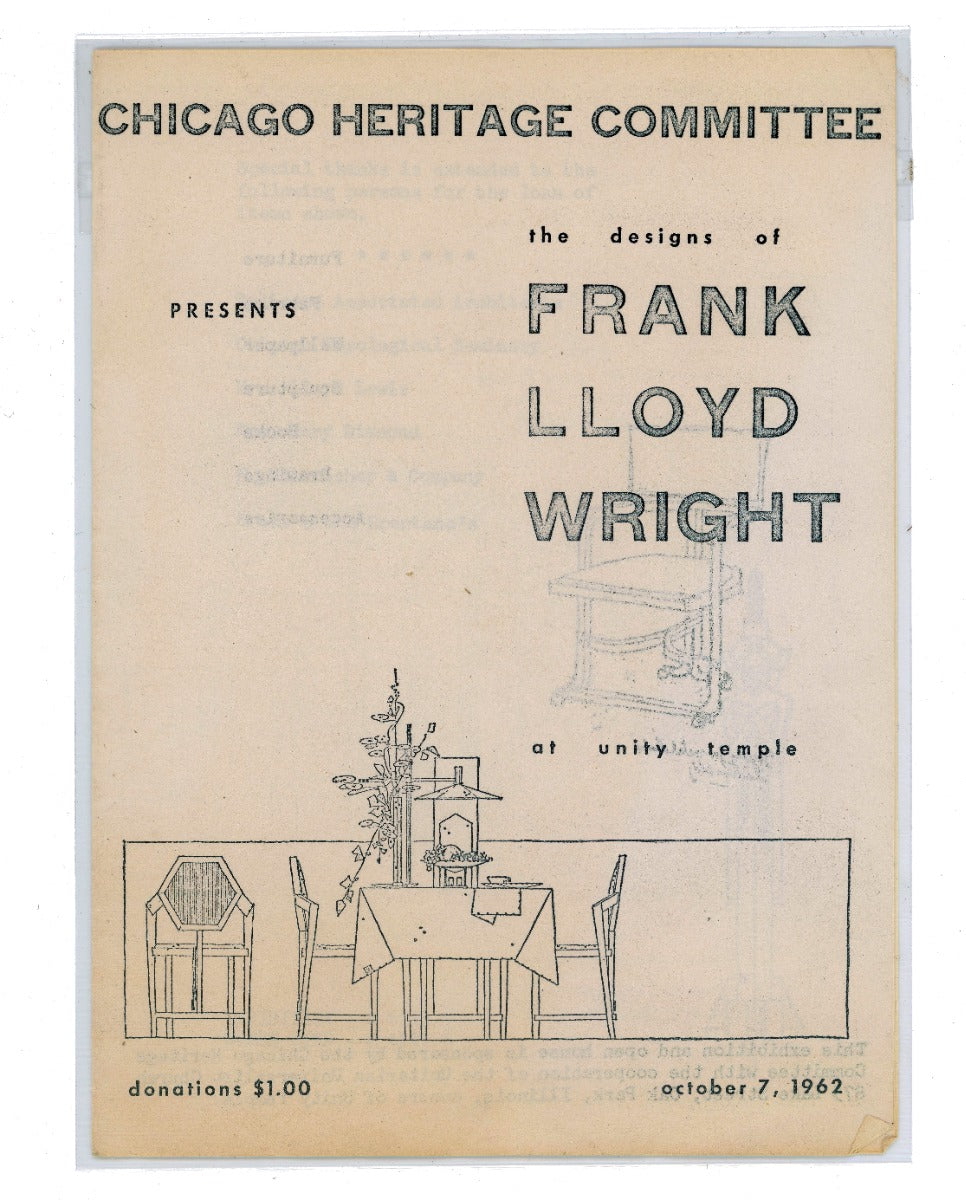 original 1962 chicago heritage committee "designs of frank lloyd wright" exhibition catalog held at unity temple