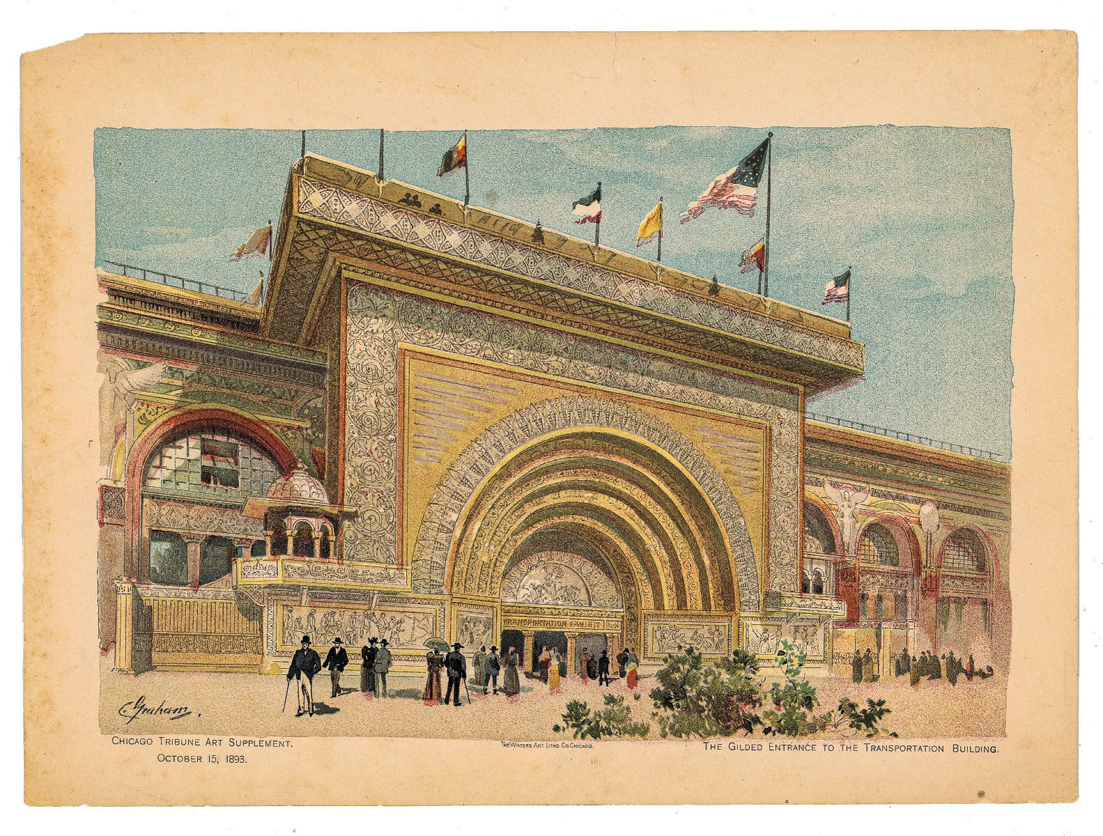 original 1893 chromolithograph of adler and sullivan's columbian exposition transportation building