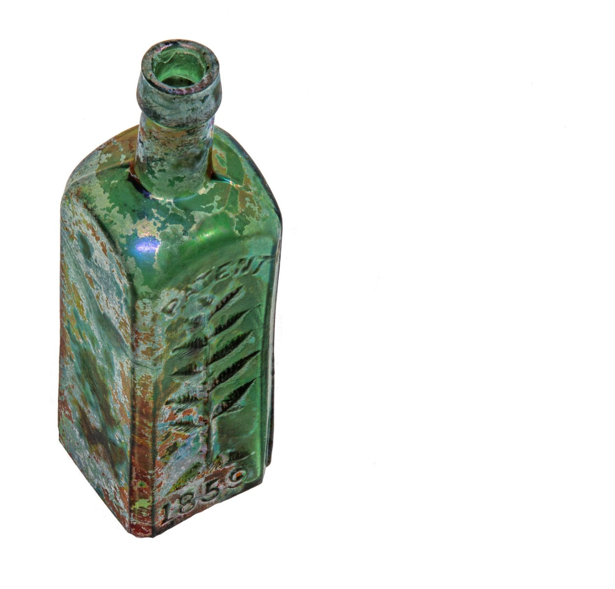 1860s-1870s chicago privy-dug pine tree tar "philly green" glass cordial medicinal bottle