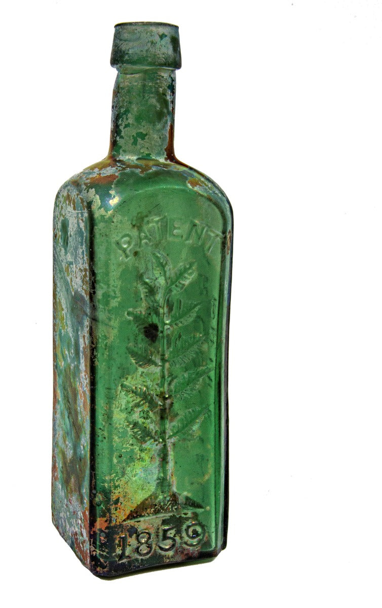 1860s-1870s chicago privy-dug pine tree tar "philly green" glass cordial medicinal bottle