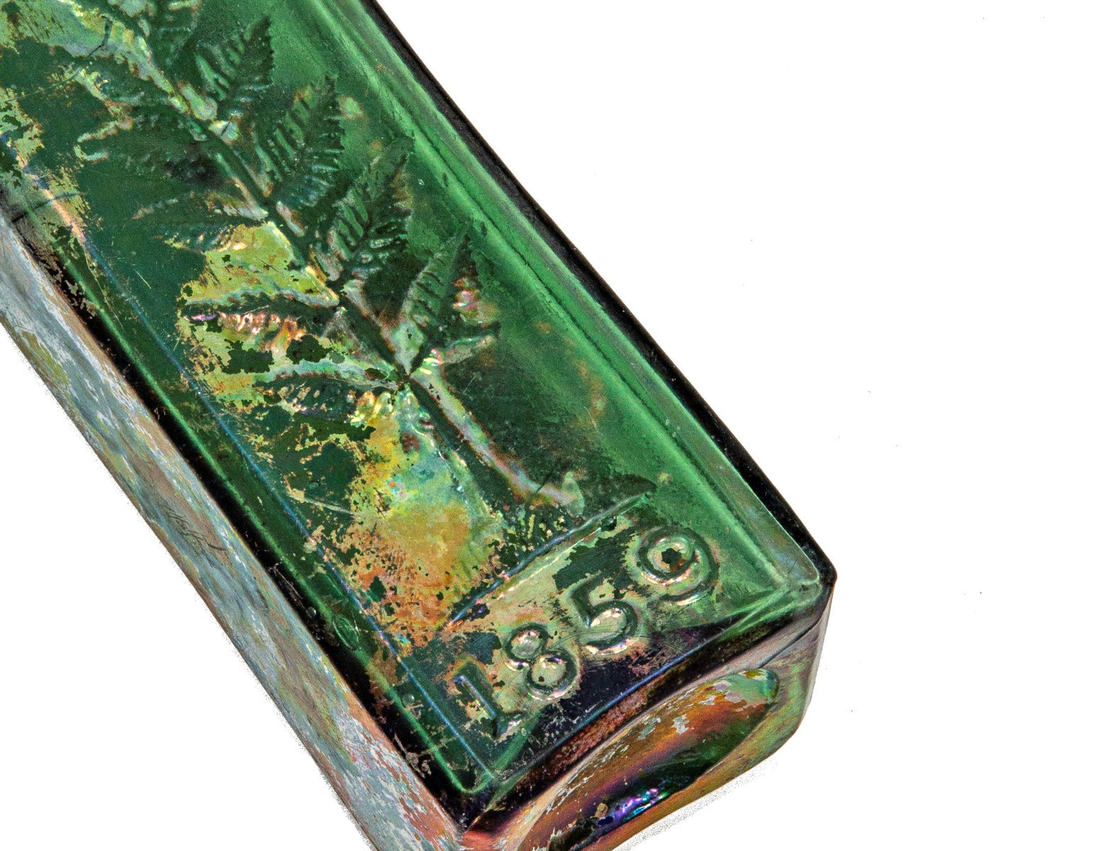 1860s-1870s chicago privy-dug pine tree tar "philly green" glass cordial medicinal bottle