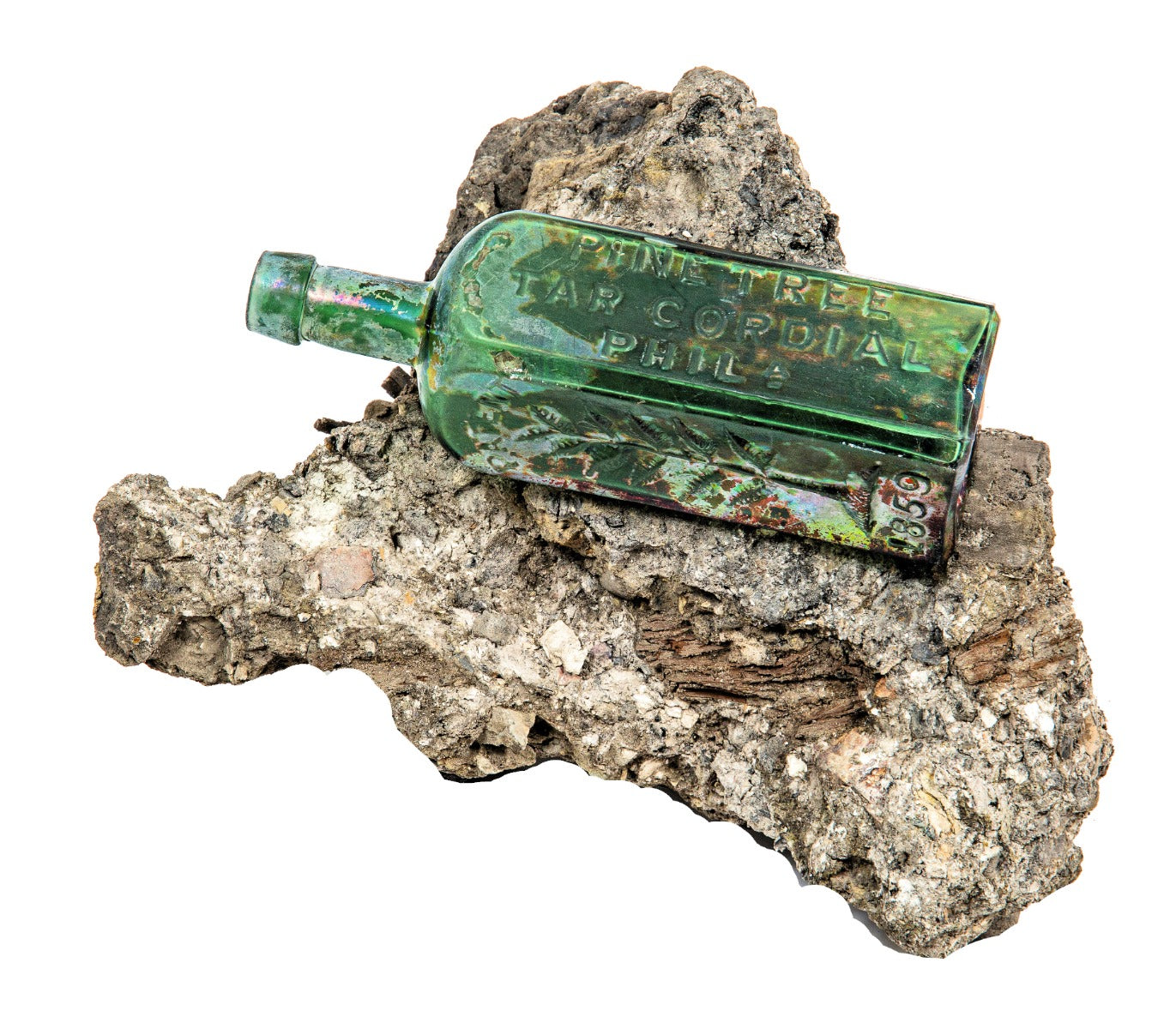 1860s-1870s chicago privy-dug pine tree tar "philly green" glass cordial medicinal bottle