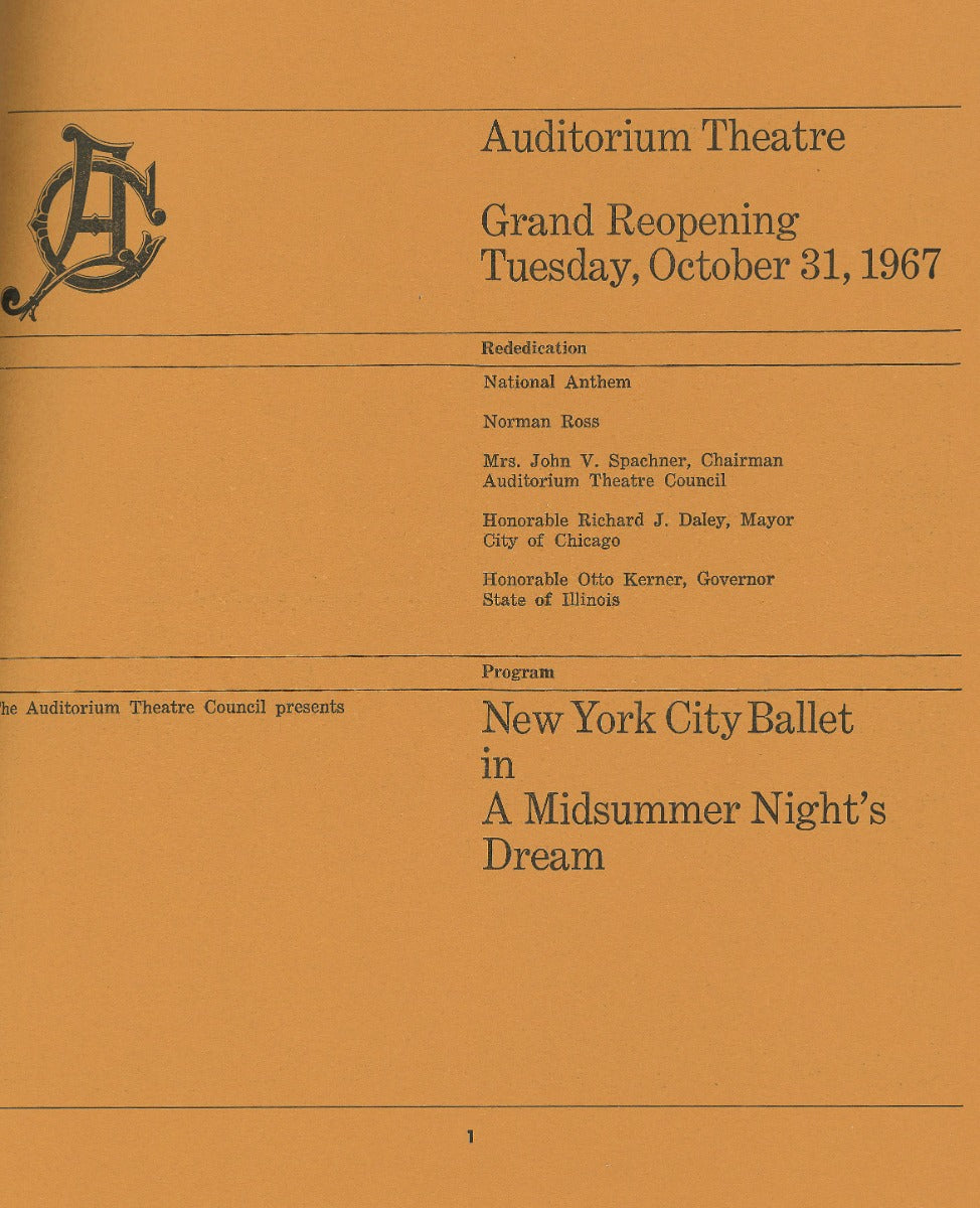 original 1967 staple-bound adler and sulllivan auditorium theater (1889) reopening dedication booklet