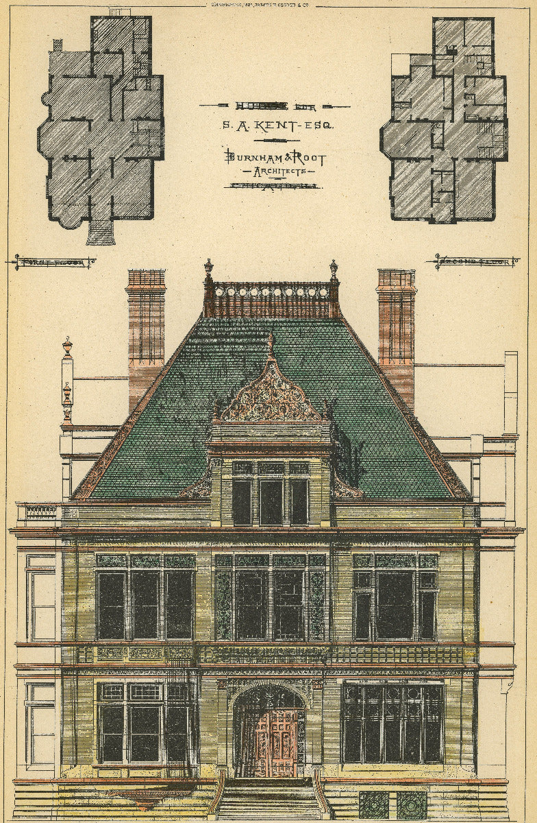 original hand-colored 1881-82 heliotype of burnham and root's sidney kent house
