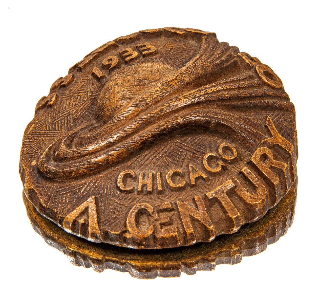 rare art deco style "century of progress" burwood paperweight fabricated by the burwood products company, traverse city, michigan