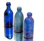 group of three chicago privy dug cobalt blue john a. lomax soda bottles
