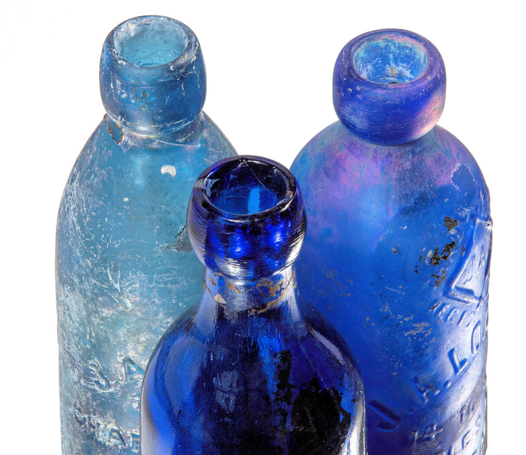 group of three chicago privy dug cobalt blue john a. lomax soda bottles