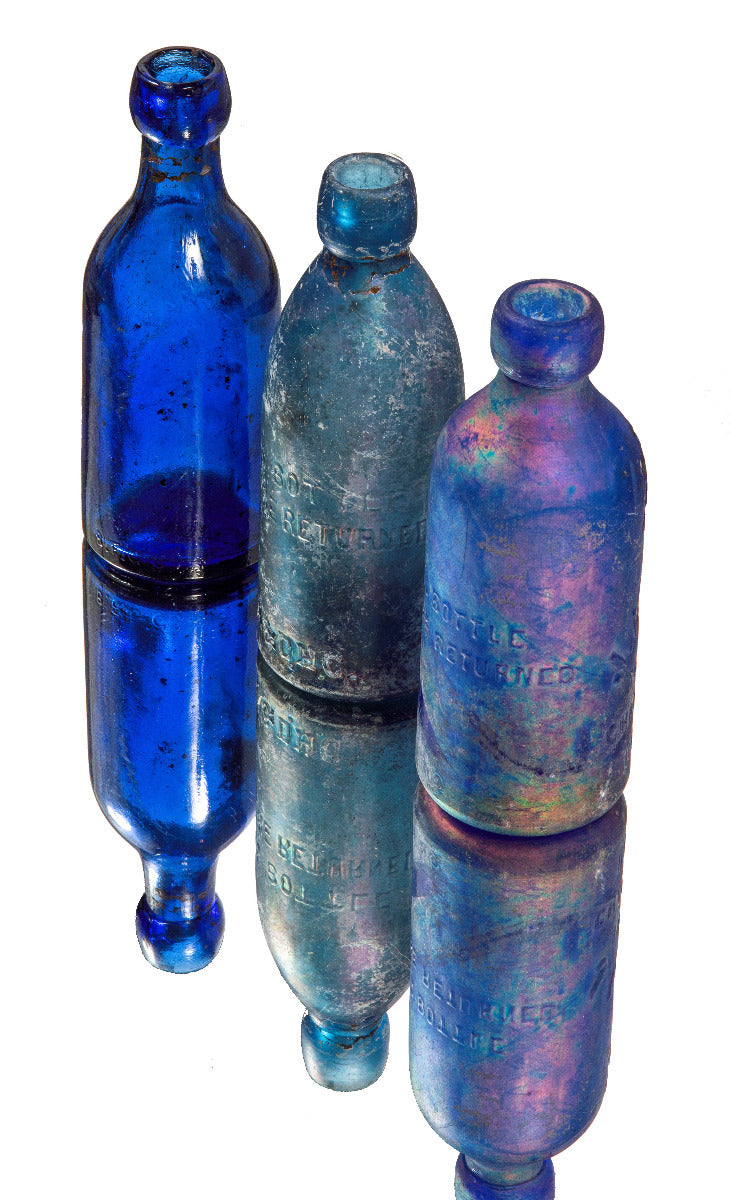 group of three chicago privy dug cobalt blue john a. lomax soda bottles