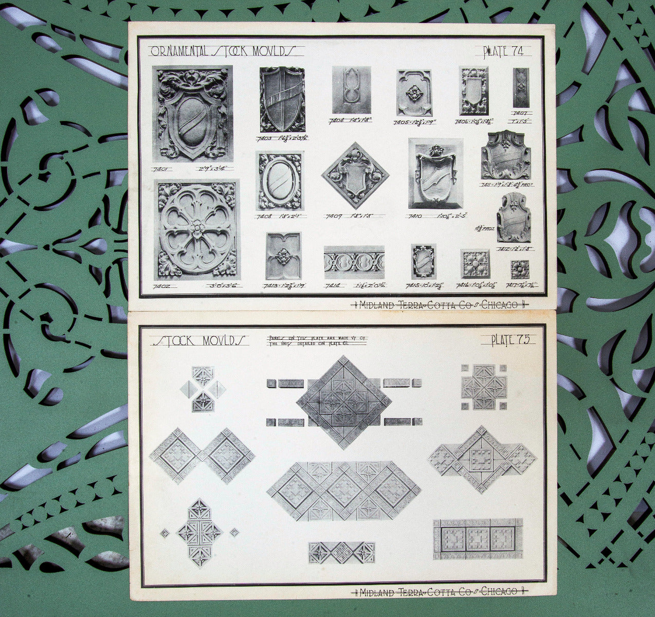 collection of seldom found original early 20th century midland terra cotta company building ornament catalog plates
