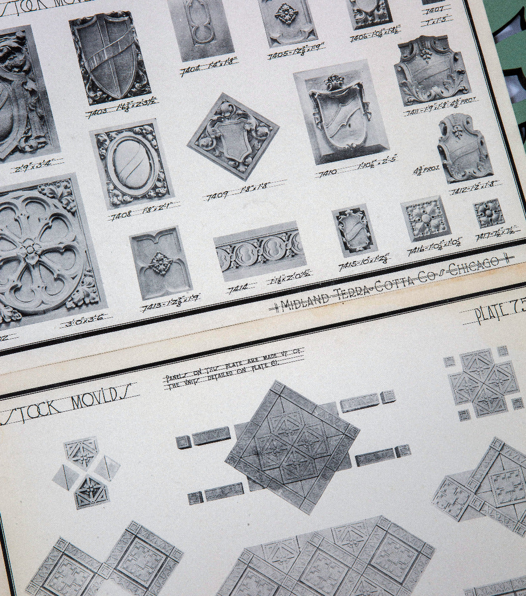 collection of seldom found original early 20th century midland terra cotta company building ornament catalog plates