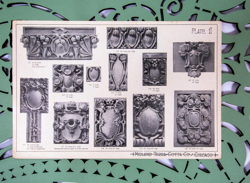 collection of seldom found original early 20th century midland terra cotta company building ornament catalog plates